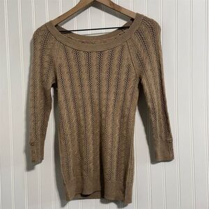 American Eagle Cable Knit Sweater Tan Open Stitch Boat Neck S/P Small Cozy Y2K